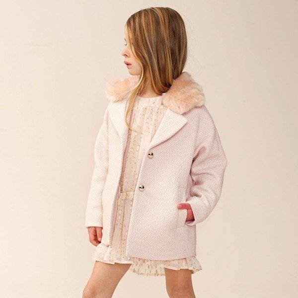 CHLOÉ Girls Pink Tweed Coat with Synthetic Fur Collar | Dashin Fashion