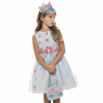 Lesy Girls Blue Pink Flowers Silk Special Occasion Dress