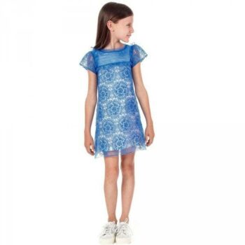 Simonetta Girls Blue Floral Embroidered Short Sleeve Party Dress