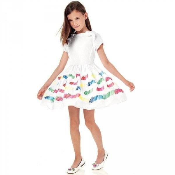 SIMONETTA White Dress With Rainbow Colour Embroidery