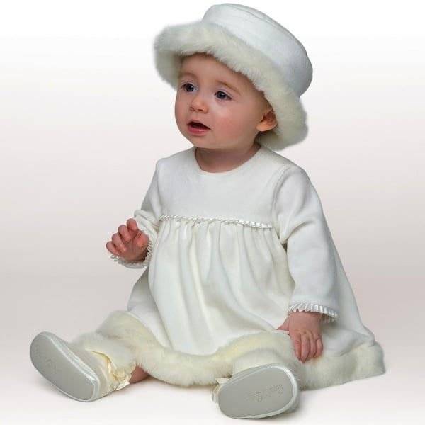 LITTLE DARLINGS IVORY VELOUR ‘FELICITY’ BABY DRESS WITH HAT