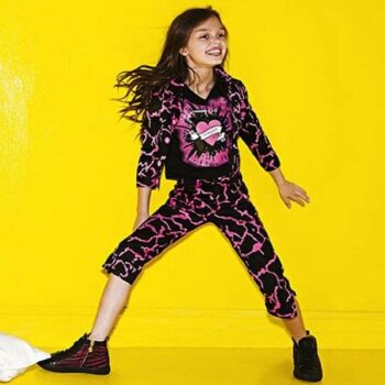 shop look YOUNG VERSACE Girls Black and Pink Cropped Cotton Trousers