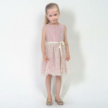 CHARABIA Pink & Ivory Tulle Dress with Cat Embroidery