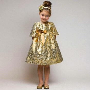 GRACI Gold 'Key' Print Dress with Jewelled Brooch
