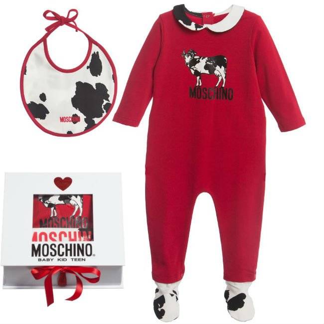 Moschino Baby Girl Red Cow Print Babygrow Bib Booties Gift Box