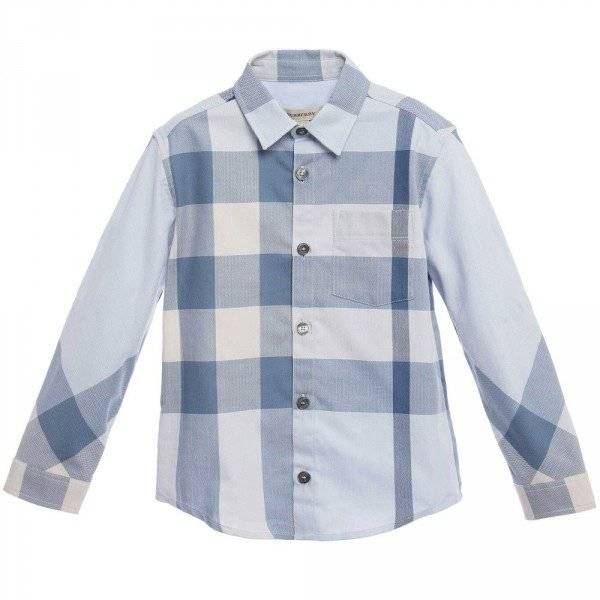 BURBERRY Boys Blue Check Cotton Herringbone Shirt
