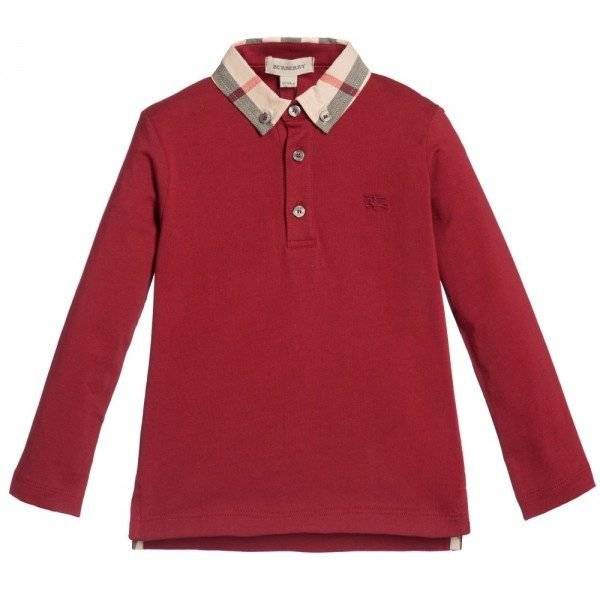BURBERRY Boys Red Polo Top with Check Collar