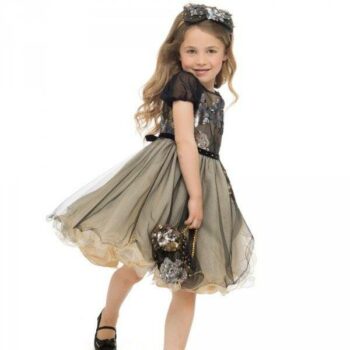 LESY LUXURY FLOWER Girls Black & Gold Tulle Dress with Sequins