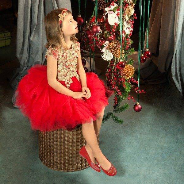 LESY LUXURY FLOWER Girls Red & Gold Embroidered Dress