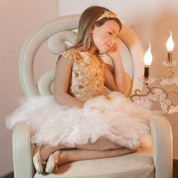 Lesy Girls Luxury Flower Ivory & Gold Embroidered Tulle Dress