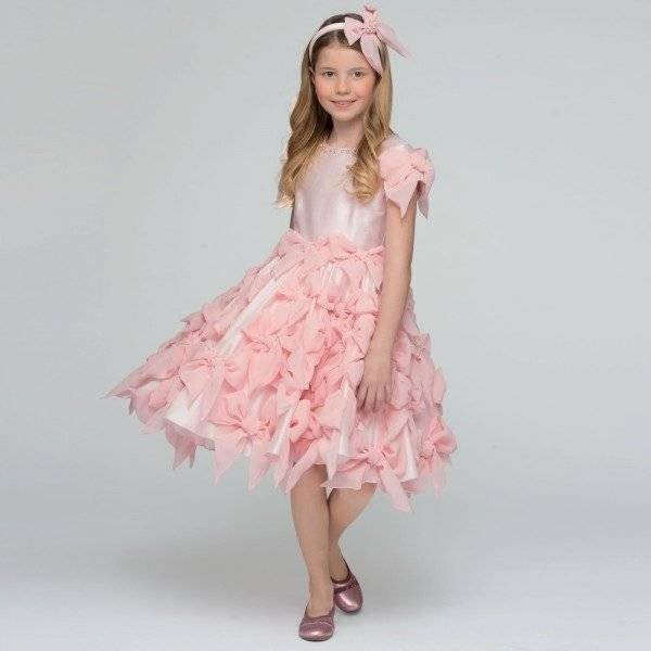 LESY LUXURY FLOWER Pink Chiffon Bow Dress with Pearl Neckline