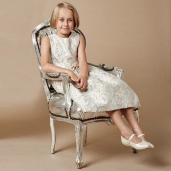 RACHEL RILEY Ivory Silver Gold Floral Jacquard Bow Dress