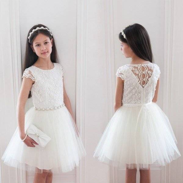 DAVID CHARLES Ivory Lace & Tulle Dress with Pearl Gems