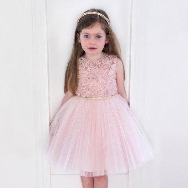 DAVID CHARLES Pink Tulle Dress with Floral Lace