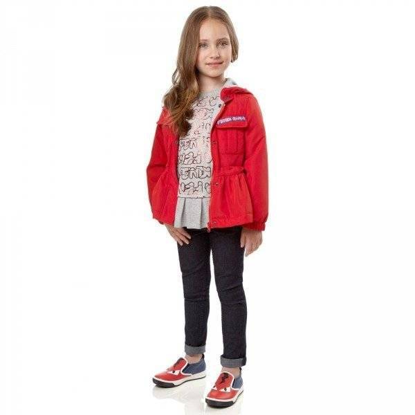 FENDI Girls Red 'Roma' Jacket with Hood & Grey & Red 'Roma' T-Shirt with Pleated Hem