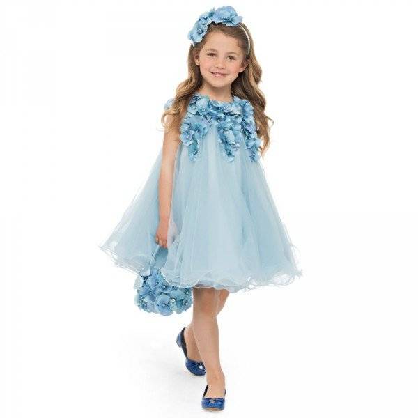 LESY LUXURY FLOWER Girls Blue Tulle Jewel Flower Dress