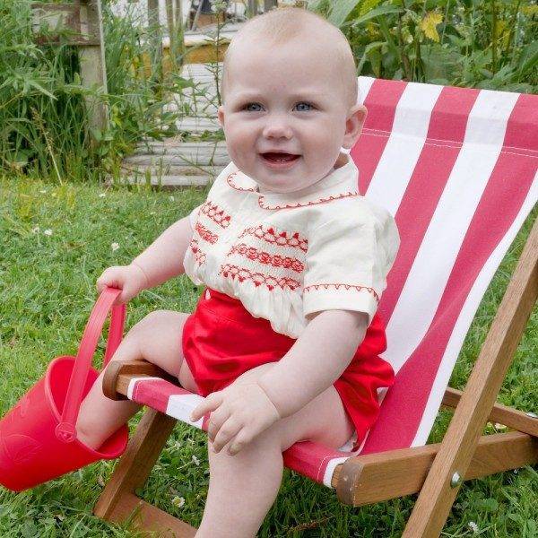 RACHEL RILEY Red & Ivory Hand Smocked Buster Suit p