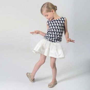 CHARABIA Navy Blue & White 'Cats' Jacquard Dress with Tulle