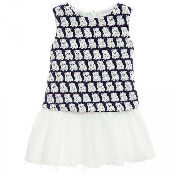 CHARABIA Navy Blue & White 'Cats' Jacquard Dress with Tulle