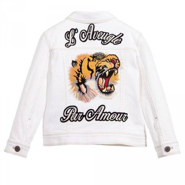 GUCCI White Denim Jacket with Tiger Embroidery