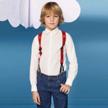 MOSCHINO Kids Boys White Shirt with Red Suspender Print