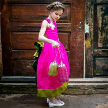 LAZY FRANCIS Fuchsia Pink & Green Bow Silk Maxi Dress