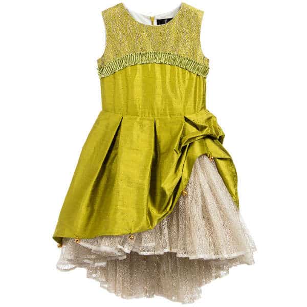 LAZY FRANCIS GIRLS GREEN SILK COUTURE DRESS WITH BELLS