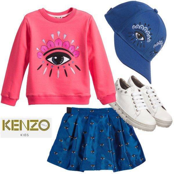 KENZO Girls Pink Cotton Eye Sweatshirt & Blue Satin Eyes Skirt & Blue Hat