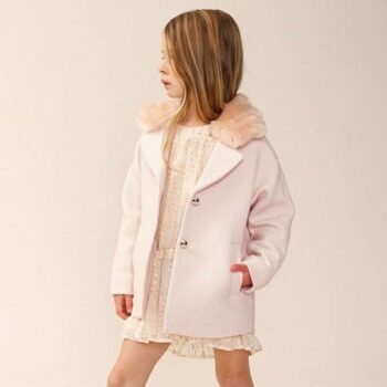 CHLOÉ Girls Pink Tweed Coat with Synthetic Fur Collar