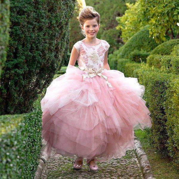 LESY LUXURY FLOWER Girls Pink & Gold Long Jacquard Dress with Tulle