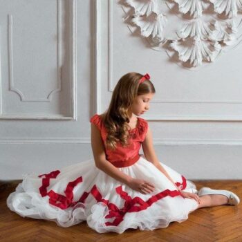 LESY LUXURY Girls Red & White Satin & Tulle Dress with Bows