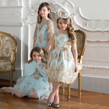 LESY LUXURY Girls Turquoise Blue & Gold Lace Dress
