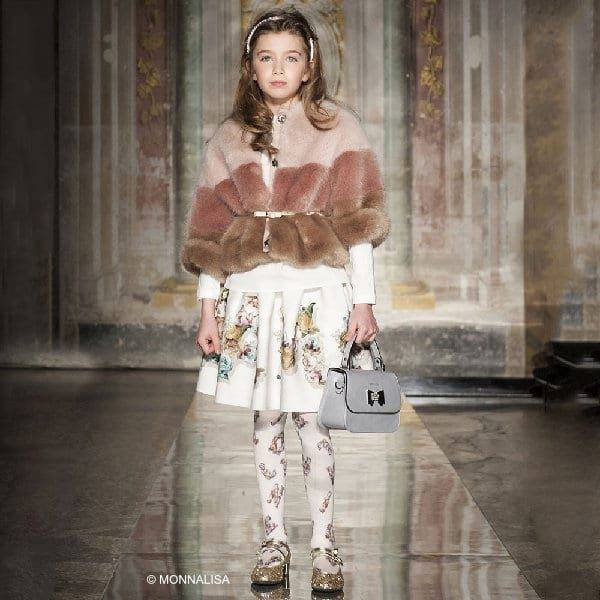 MONNALISA CHIC Ivory & Floral Neoprene Skirt & Fur Cape