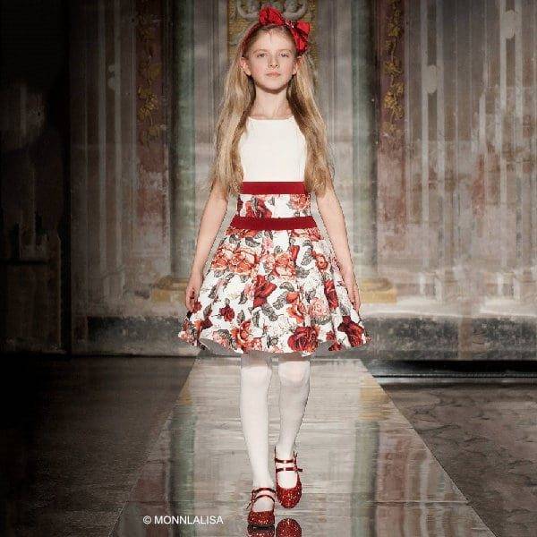 MONNALISA CHIC Ivory & Red Floral Neoprene Dress