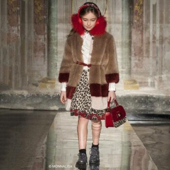 MONNALISA JAKIOO Leopard Print & Rose Neoprene Skirt & Fur Coat
