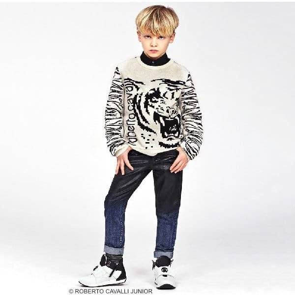 ROBERTO CAVALLI Boys Ivory & Black Tiger Cashmere Sweater & Jeans