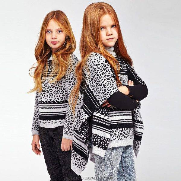 ROBERTO CAVALLI Girls Grey & Black Jaguar Print Wool & Cashmere Poncho