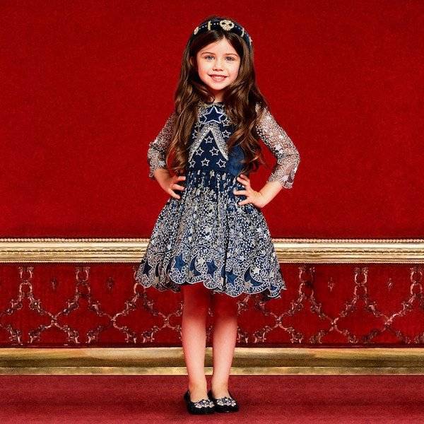 QUIS QUIS Girls Blue & Silver Star Embroidered Lace Dress