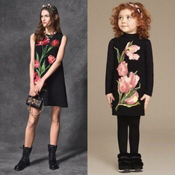 DOLCE-GABBANA-Girls-Mini-Me-Black-Wool-Crepe-Dress-with-Pink-Tulips