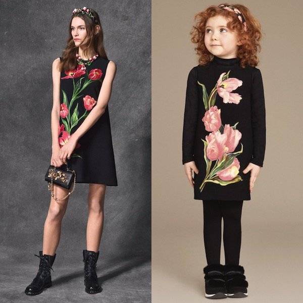 DOLCE & GABBANA Girls Mini Me Black Wool Crepe Dress with Pink Tulips