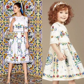 DOLCE & GABBANA Girls Mini Me Ivory Silk Majolica Print & Lace Dress