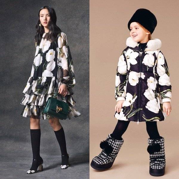 Girls Mini Me Black Fur & White Tulip Print Reversible Coat
