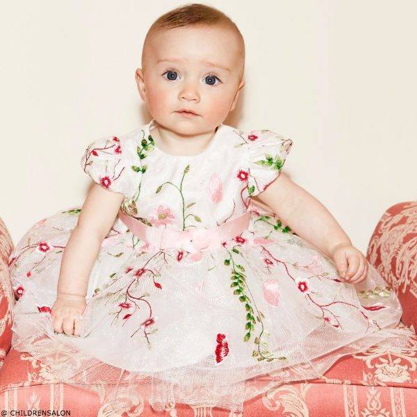 David Charles Baby Girls Ivory Tulle Floral Embroidery Party Dress