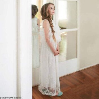 ARISTOCRAT KIDS Girls Ivory 'Caramel Royal' Dress with Feather Belt