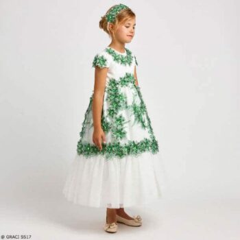 GRACI Girls Ivory & Green Long Lace Party Dress
