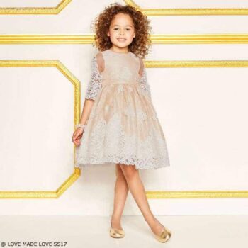 LOVE MADE LOVE Girls Special Occasion Gold & Ivory Lace Dress