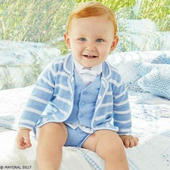 MAYORAL NEWBORN Baby Boy Light Blue Vest, Shorts & Blue Striped Sweater