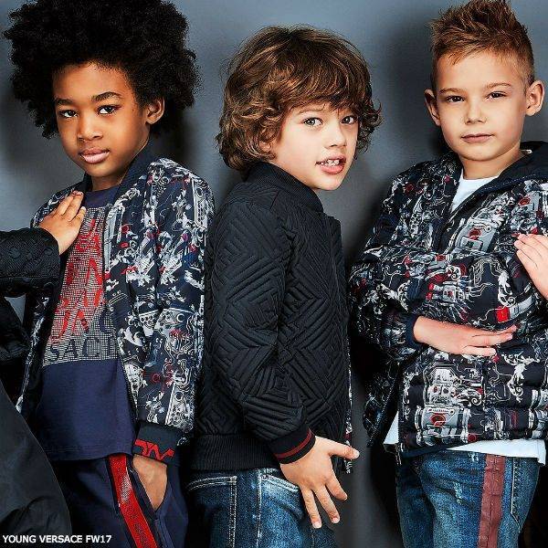 YOUNG VERSACE Boys Blue Reversible Robot Baroque Print Jacket