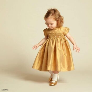 ANNAFIE Girls Hand-Smocked Gold Silk Dress