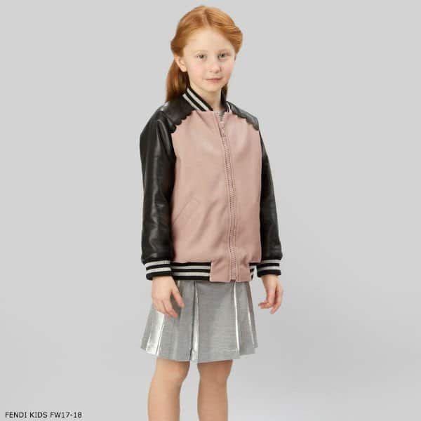 Fendi Girls Pink Black Leather Bomber Jacket & Metallic Silver Skirt